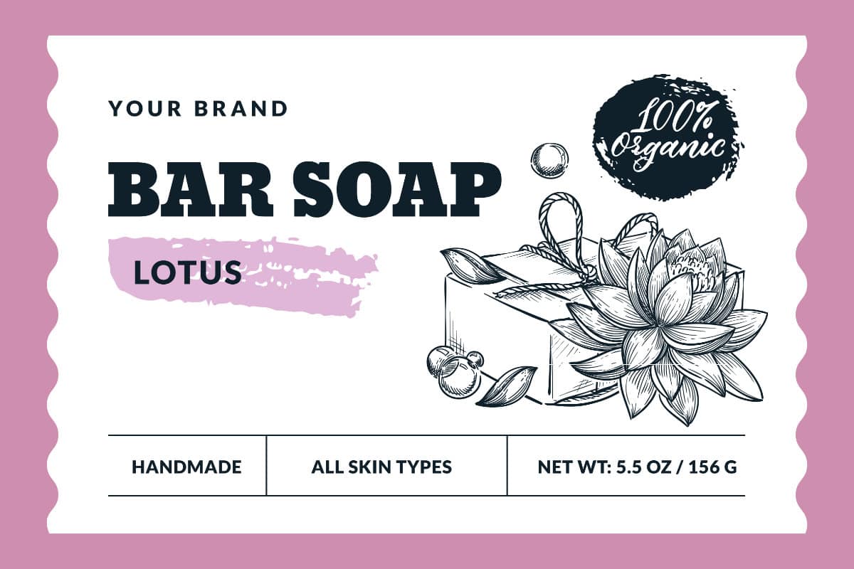 Natural soap labels primary display panel with product name, company name, statement of purpose, net weight in oz and grams, and fragrance variety.