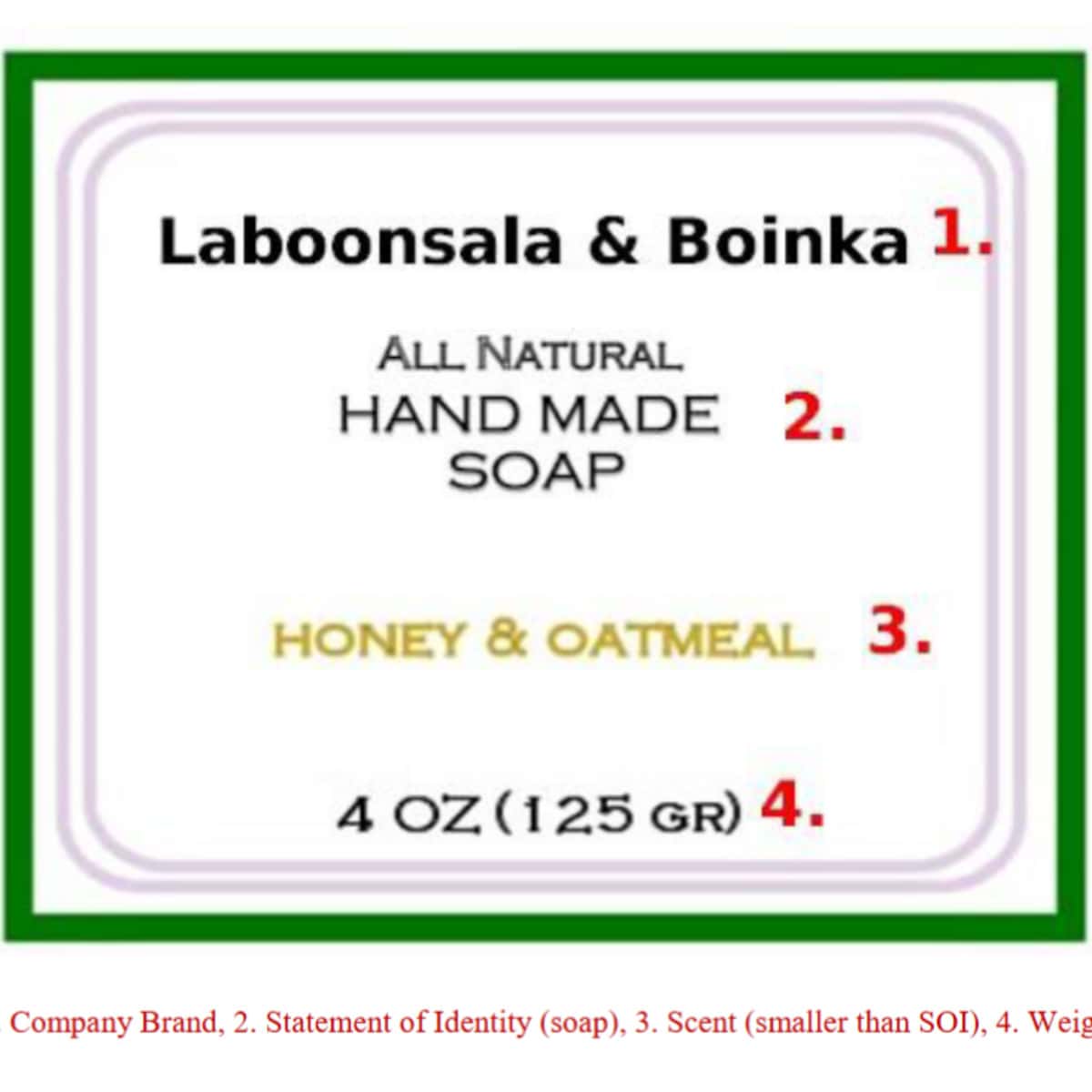 Primary display panel information placement for a natural soap label.