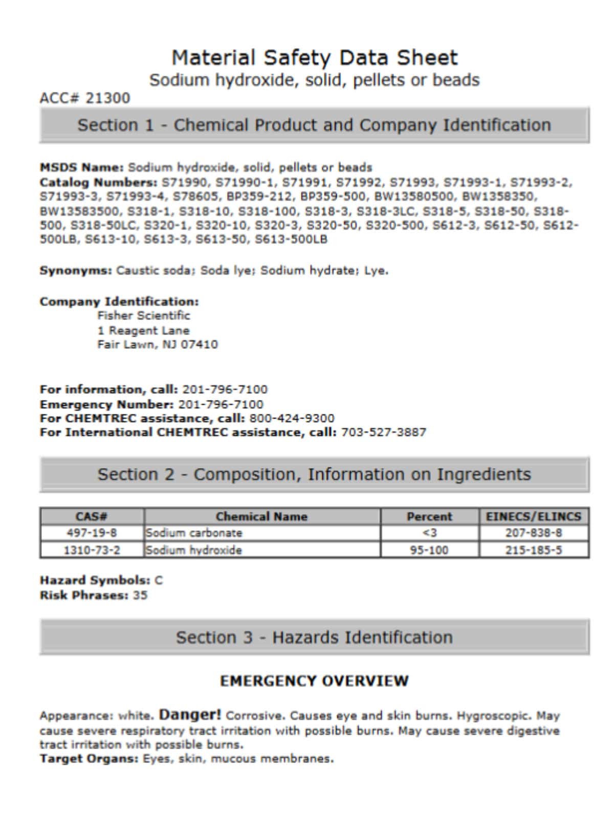 sodium hydroxide SDS sheet for safety, use, and storage of caustic soda.